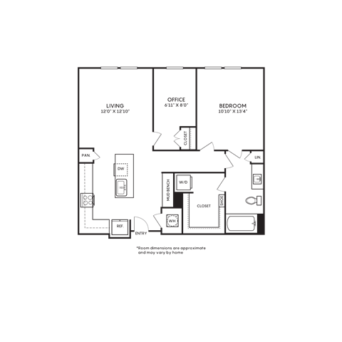 Floor plan for 1 bed, 1 bath, 867 sqft
